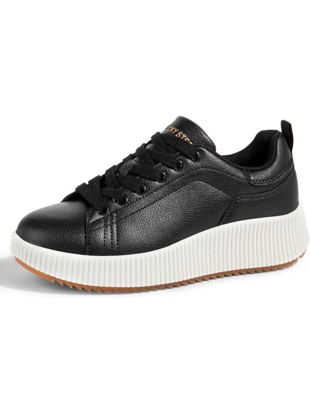 Women's Black Pu Woven Platform Lace Up Anti Slip Durable Chunky Sneakers